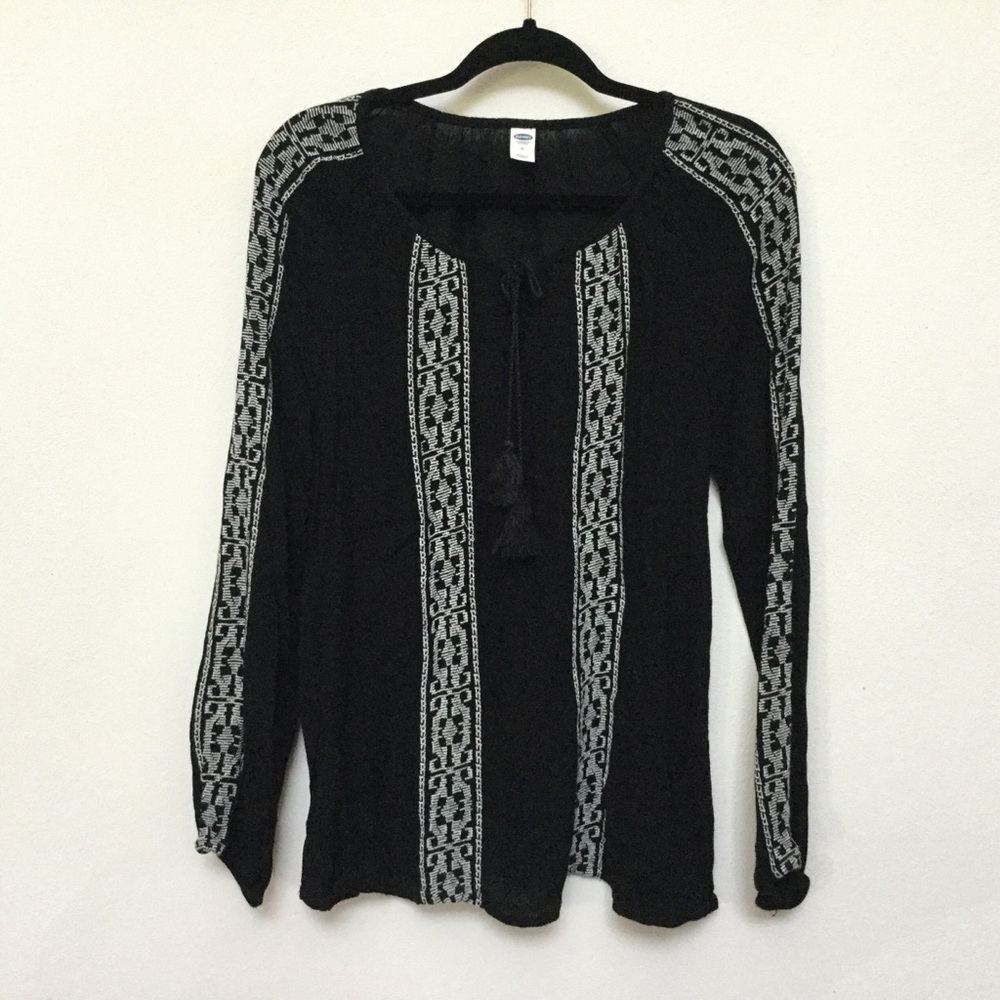Old Navy Black, White Embroidered Sheer Long Sleeve Top Size Medium Fall Career